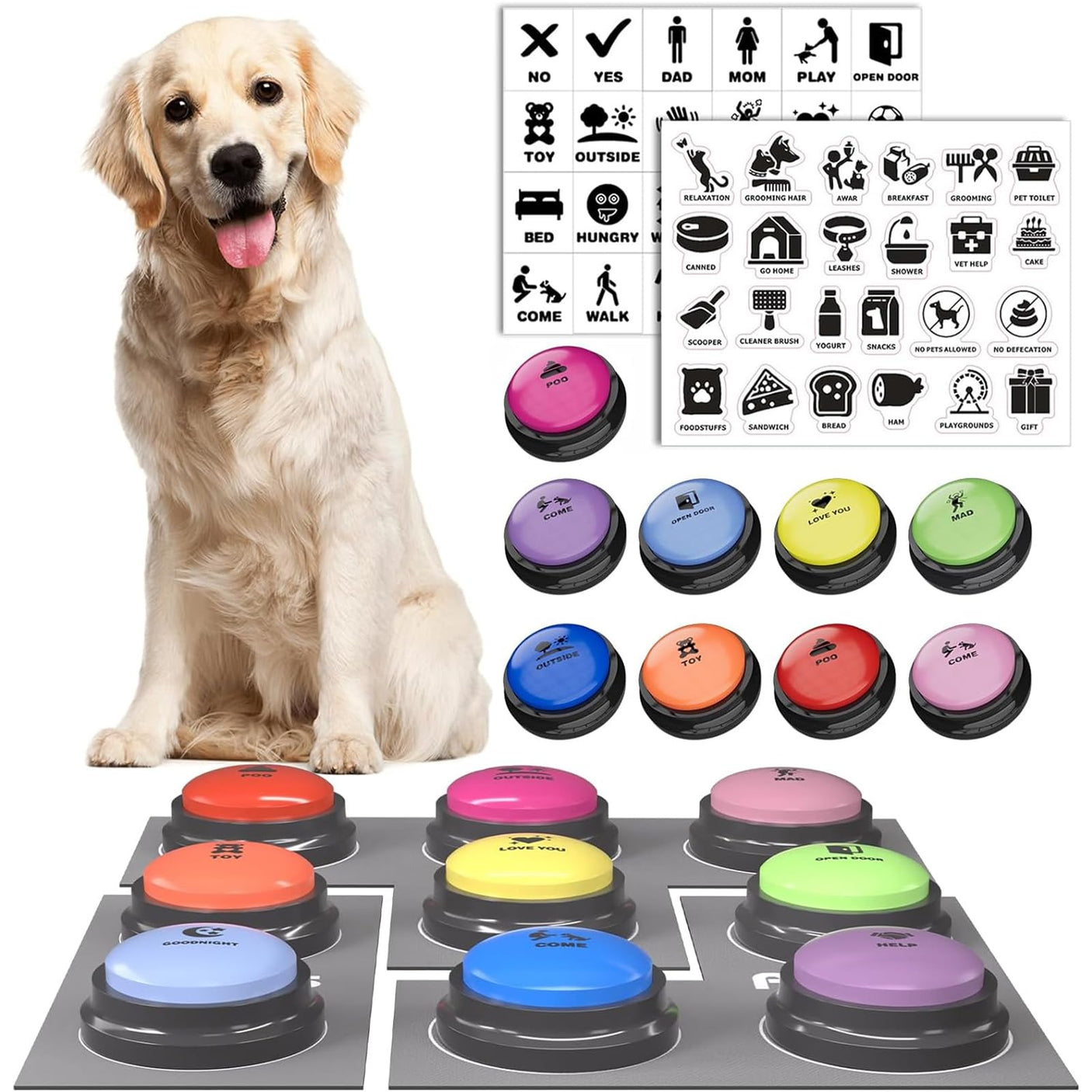 Dog Buttons for Communication, 8 Pcs Dog Talking Button Set, 30s Recordable Voice Pet Buzzer Training Buttons, Speaking Button for Dogs with Waterproof Anti-Slip Dog Button Mat and 48 Scene Stickers