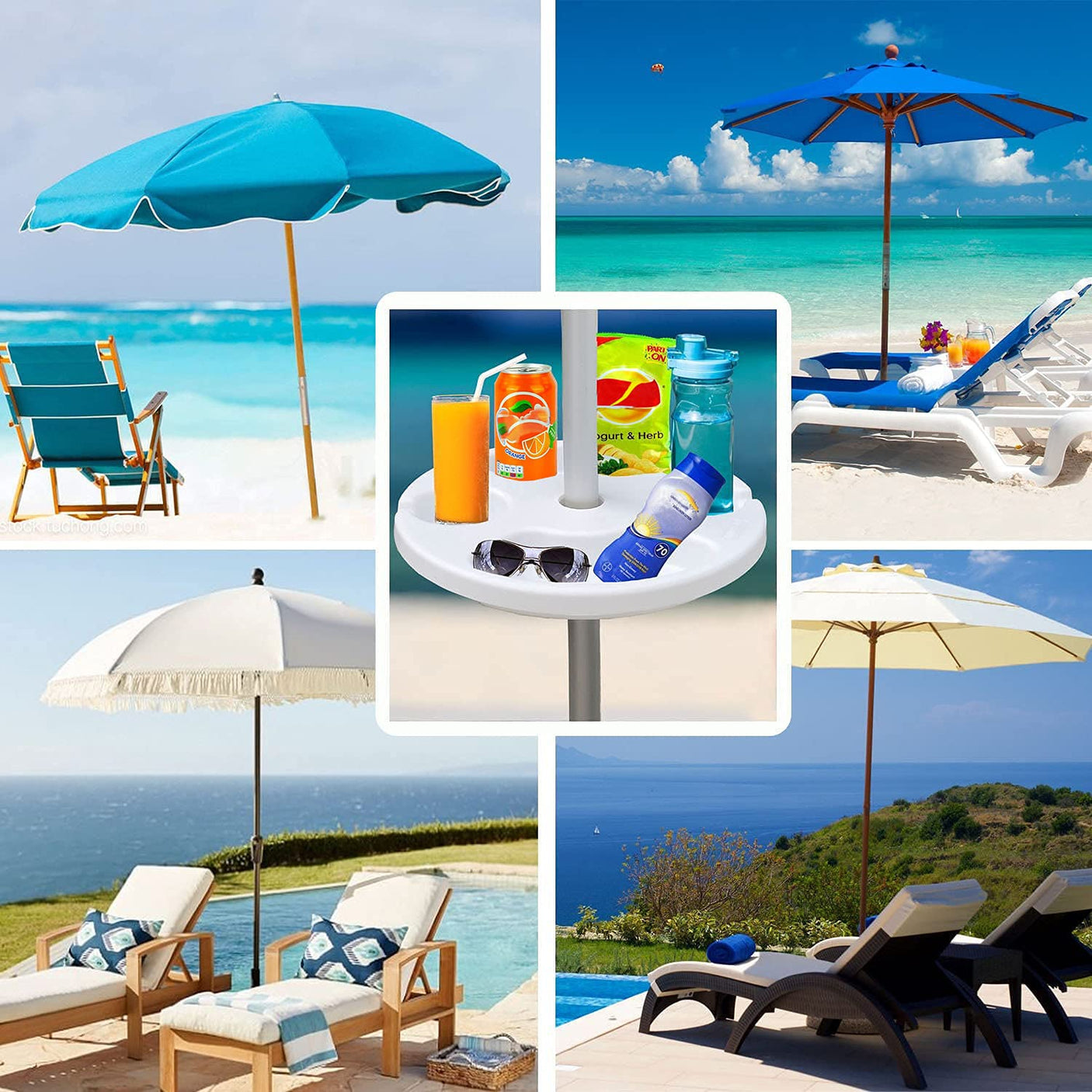 AMMSUN 13" Beach Umbrella Table Tray for Beach, Patio, Garden, Swimming Pool with Cup Holders, Snack Compartments Teal