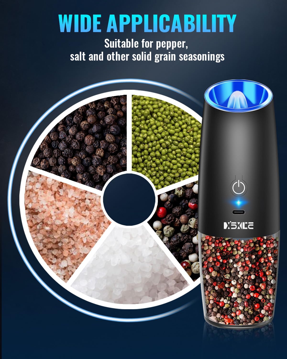 Gravity Electric Pepper and Salt Grinder Set, Salt and Pepper Mill & Adjustable Coarseness, Battery Powered with LED Light, One Hand Automatic Operation, Stainless Steel (Set/Silver)
