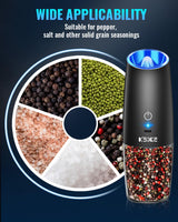 Gravity Electric Pepper and Salt Grinder Set, Salt and Pepper Mill & Adjustable Coarseness, Battery Powered with LED Light, One Hand Automatic Operation, Stainless Steel (Set/Silver)