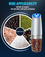 Gravity Electric Pepper and Salt Grinder Set, Salt and Pepper Mill & Adjustable Coarseness, Battery Powered with LED Light, One Hand Automatic Operation, Stainless Steel (Set/Silver)