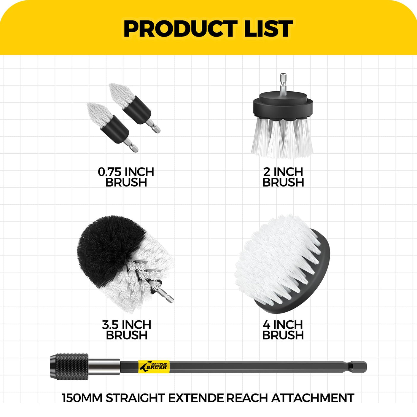 Holikme 6Pack Drill Brush Power Scrubber Cleaning Brush Extended Long Attachment Set All Purpose Drill Scrub Brushes Kit for Grout, Floor, Tub, Bathroom and Kitchen Surface,Scratch Brushes（Yellow）