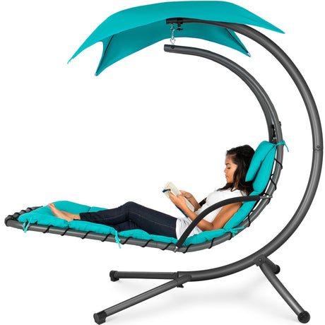 Best Choice Products Outdoor Hanging Curved Steel Chaise Lounge Chair Swing w/Built-in Pillow and Removable Canopy -Red