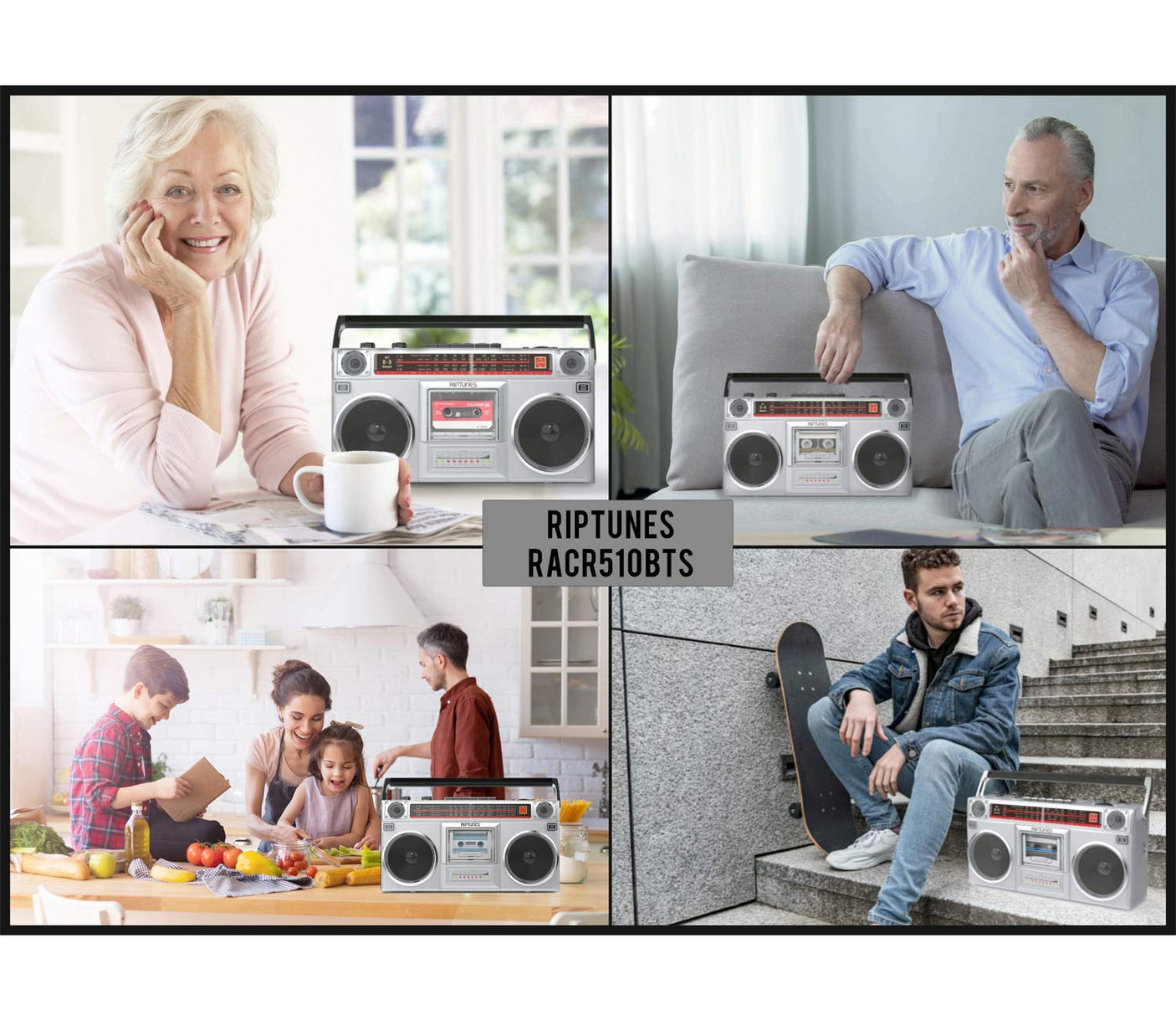 Riptunes Boombox Radio Cassette Player Recorder, AM/FM -SW1/SW2 Radio, Wireless Streaming, USB/Micro SD Slots, Aux in, Headphone Jack, Convert Cassettes to USB/SD, Classic 80s Style Retro, Black