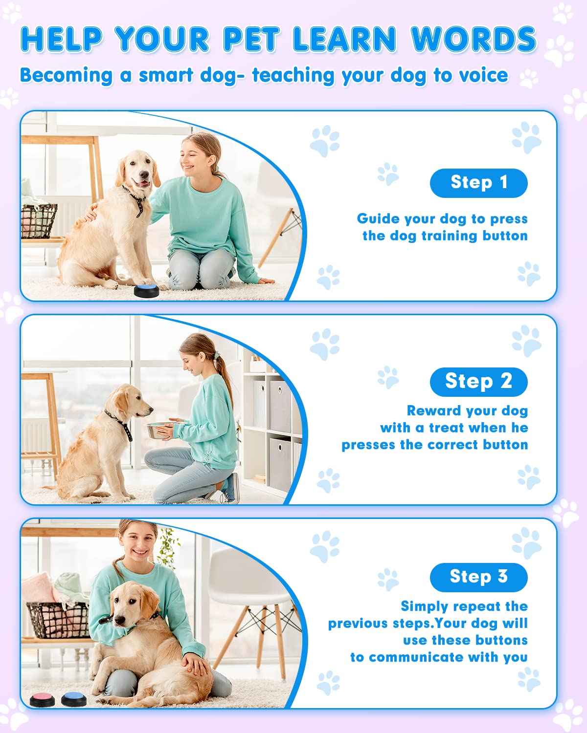 Dog Buttons for Communication, 8 Pcs Dog Talking Button Set, 30s Recordable Voice Pet Buzzer Training Buttons, Speaking Button for Dogs with Waterproof Anti-Slip Dog Button Mat and 48 Scene Stickers