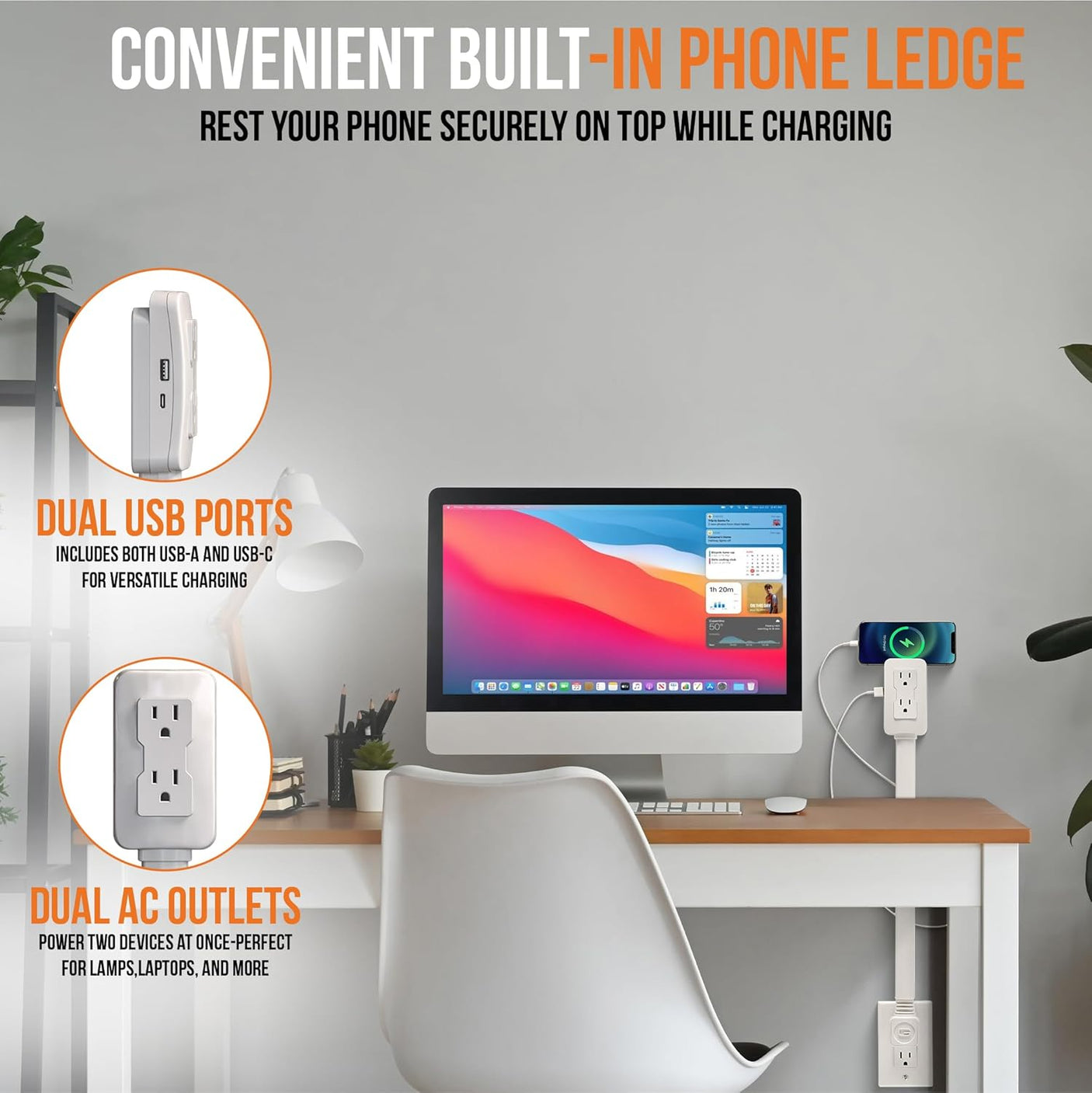 Electrical Outlet Extender. Access Hard-to-Reach Outlets! Features USB-A, USB-C, and 2 AC Outlets, Extends 22"-34", Rotates 180°. Use Behind Couches, Nightstands, Desks, and More.