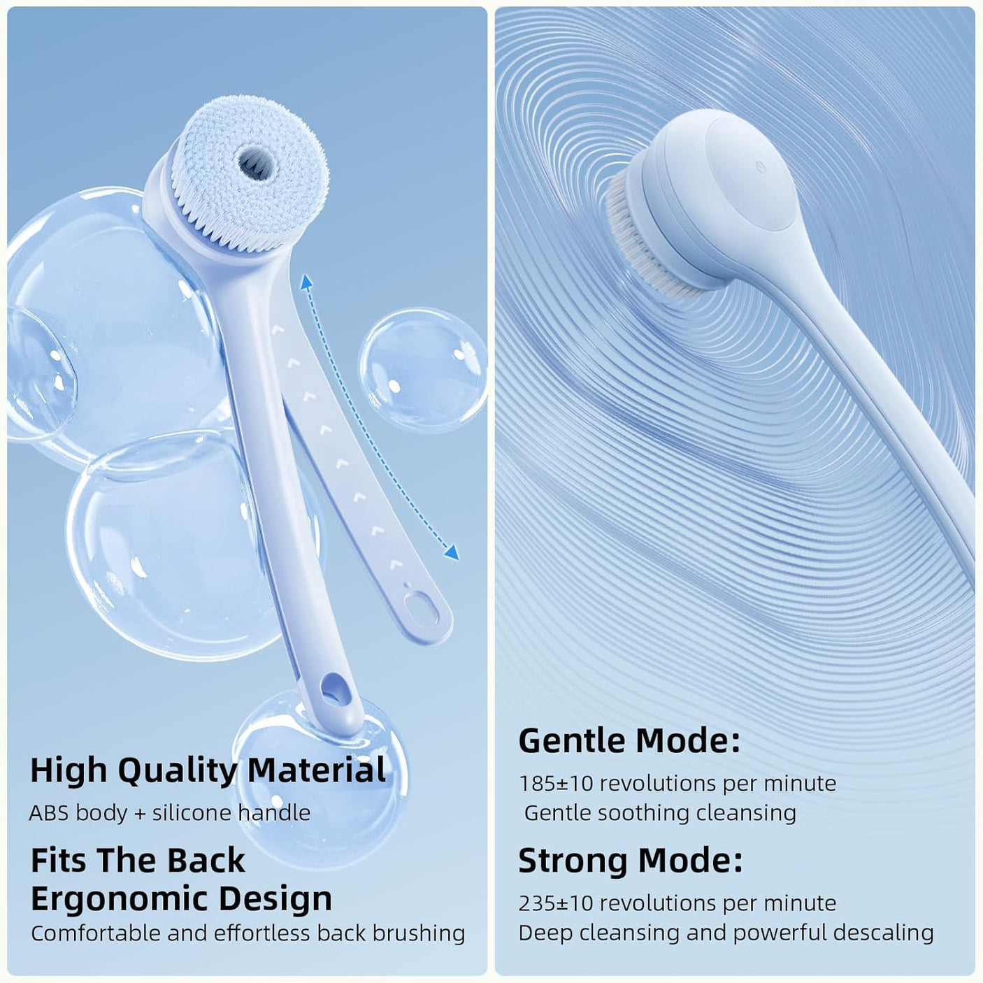 Electric Body Brush Back Scrubber for Shower, Waterproof Long Dual Handle Power Body Scrubber with 3 Heads, Rechargeable Bath Brush & 2 Speeds, for Cleansing, Exfoliating and Massaging Skin