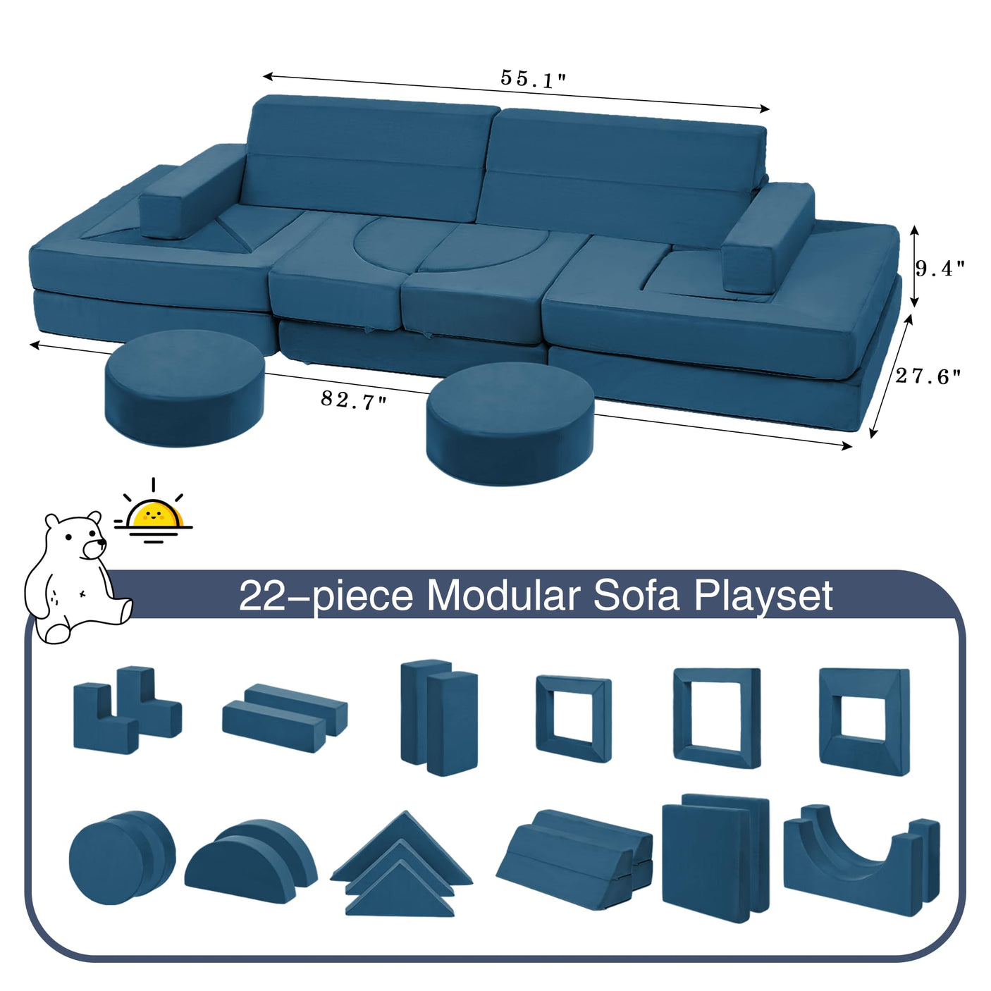 22Pcs Modular Kids Play Couch - Kids Couch for Playroom Bedroom Living Rooms Toddler Sofa for Inspiring Child Creativity，Children Convertible Foam Sofa