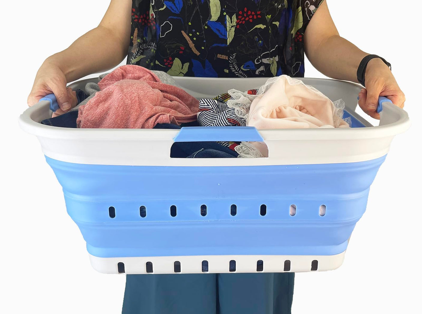 SAMMART 42L (11 gallon) Collapsible Plastic Laundry Basket - Foldable Pop Up Storage Container/Organizer - Space Saving Hamper/Basket (1, White/Grey)