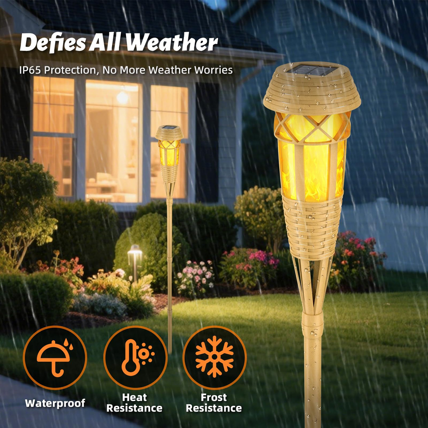 Flickering Flames Solar Powered Lights - Upgraded Solar Torches Waterproof Outdoor Decorative Lighting Auto On/Off, Handmade Bamboo Finish, 2-Pack