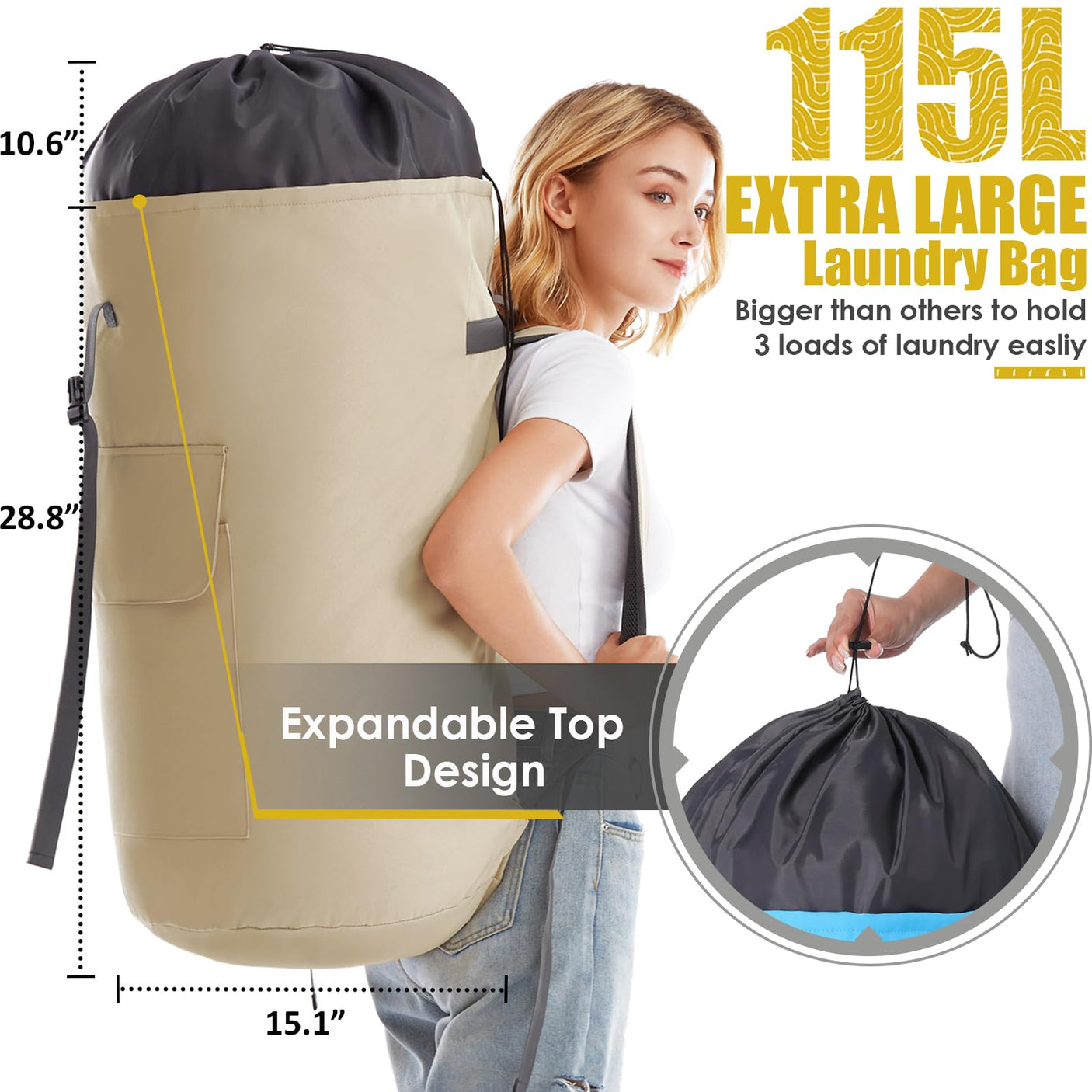 Laundry Bag Backpack Extra Large, 115L Laundry Backpack with Padded Shoulder Strap, Sturdy Travel Laundry Bags, Hanging Laundry Bag for College Dorm, Apartment, Clothes Hamper Bag for Laundromat