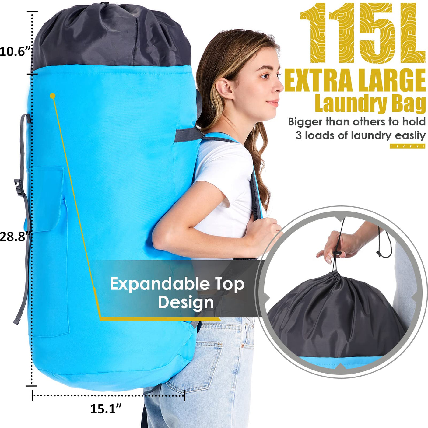 Laundry Bag Backpack Extra Large, 115L Laundry Backpack with Padded Shoulder Strap, Sturdy Travel Laundry Bags, Hanging Laundry Bag for College Dorm, Apartment, Clothes Hamper Bag for Laundromat