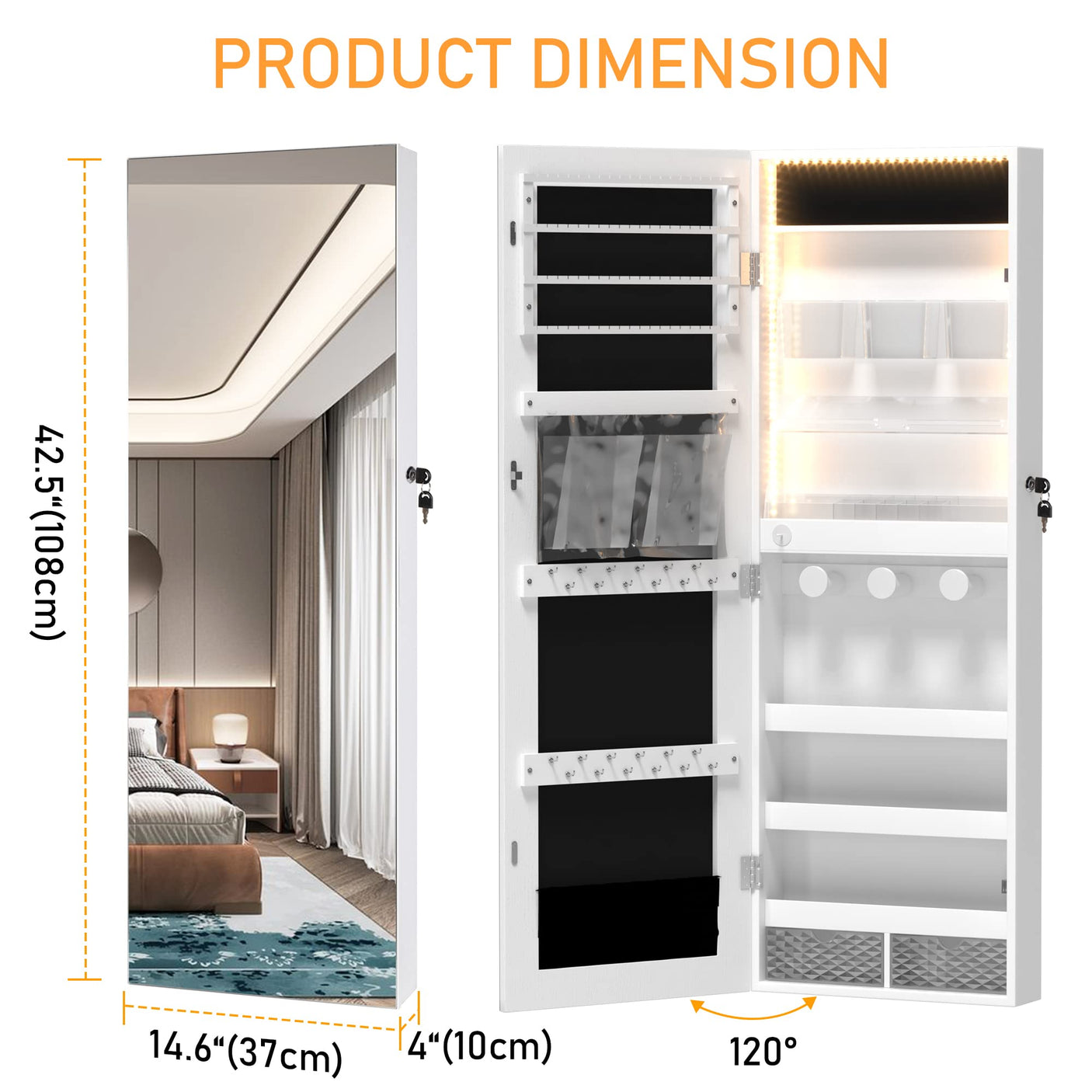 LVSOMT Wall/Door Hanging Mirror with Jewelry Storage, Lockable Jewelry Armoire Organizer with LED Lights, Mirror Jewelry Cabinet,Brown
