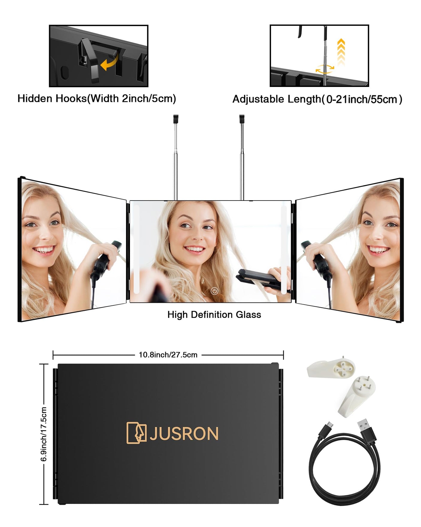 JUSRON 360 Viewing Angle Self Hair Cutting Mirror, Clear Anti-Fog HD Glass (Black Without LED Without Accessories)