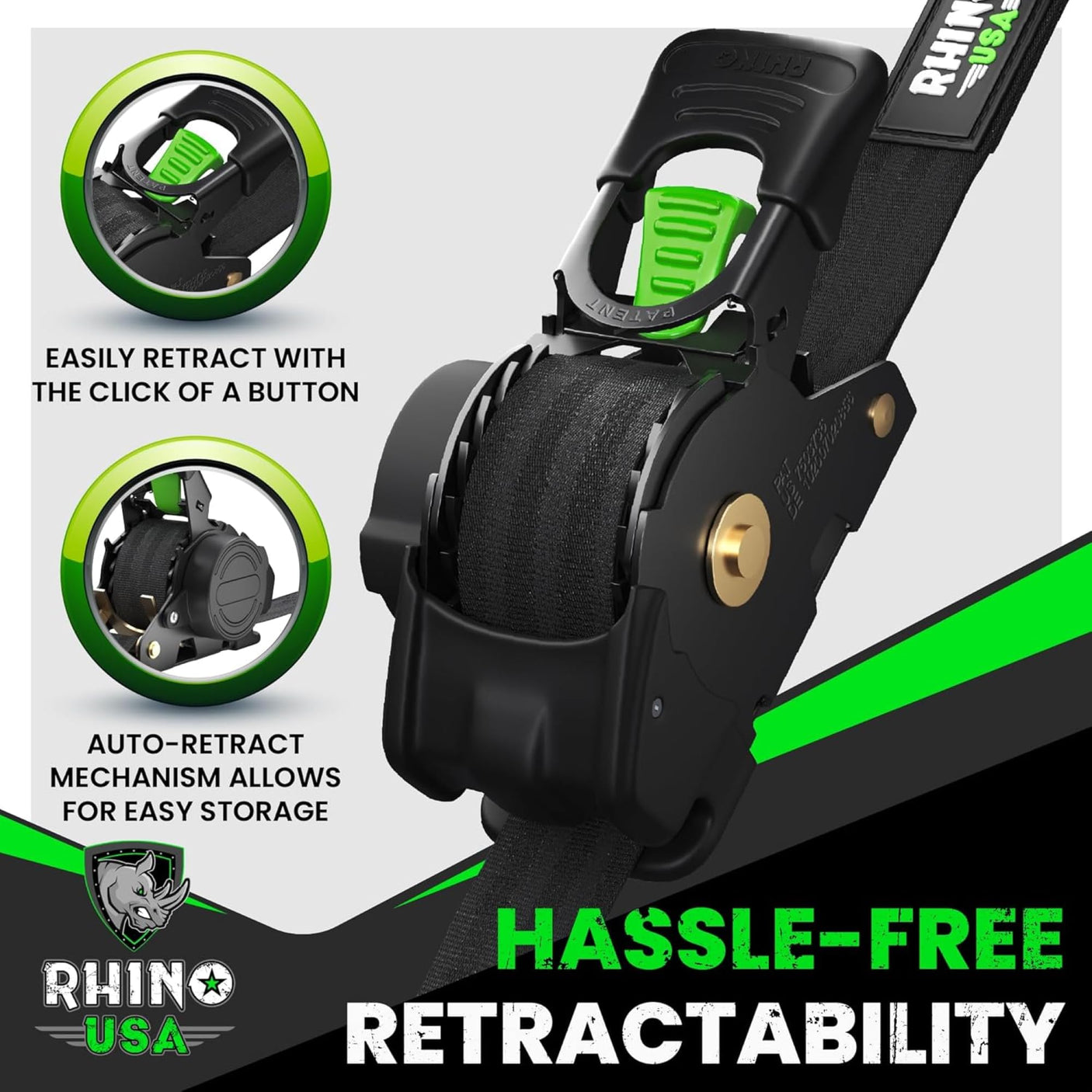 Rhino USA Retractable Ratchet Straps (4-Pack) - 1 Inch x 10 Feet (1,209lb Break Strength) - Heavy Duty Auto Self Retracting Tie Down Straps for Truck, Cargo Trailer, Motorcycle, Rad & More - Green