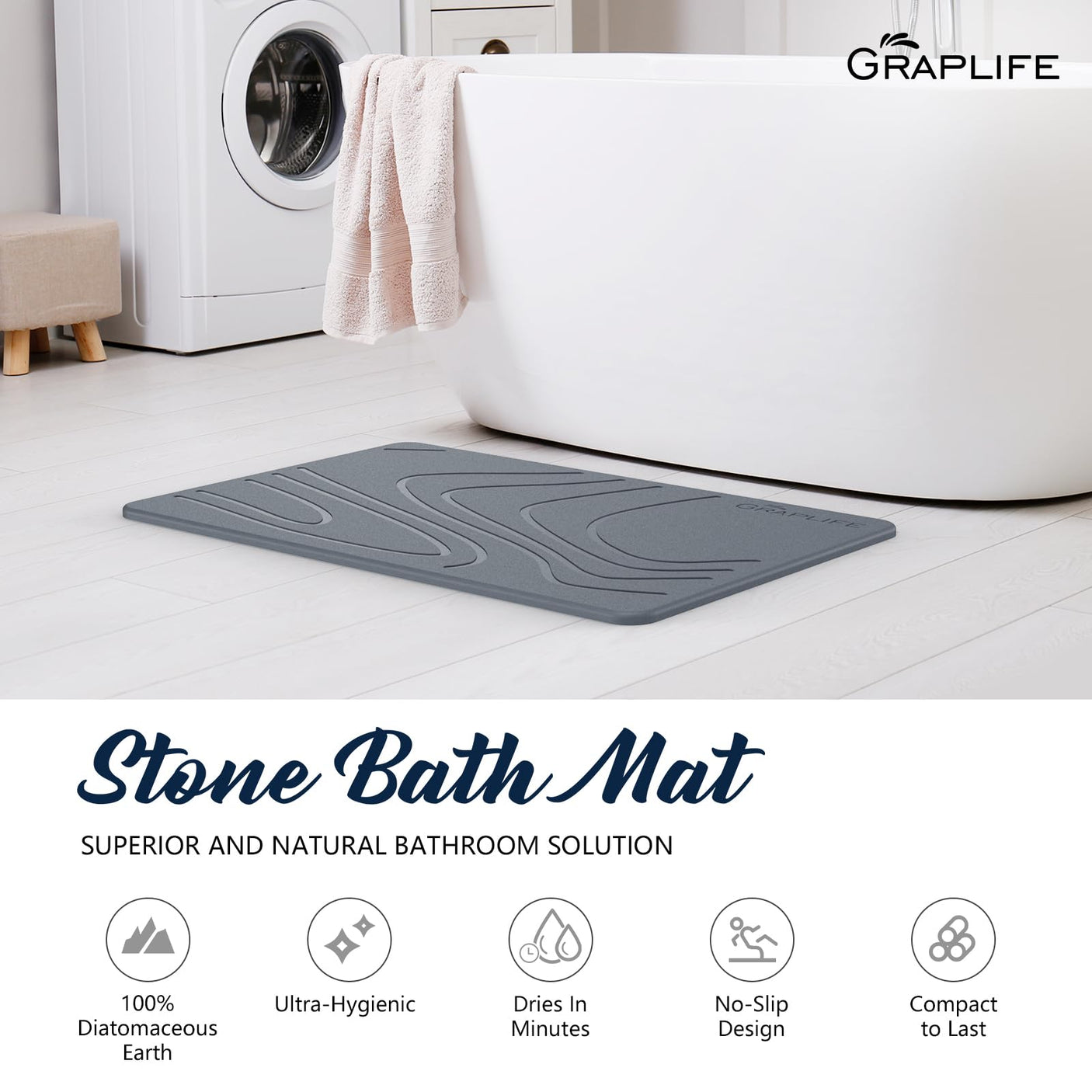 Stone Bath Mat, Diatomaceous Earth Shower Mat, Non-Slip Super Absorbent Quick Drying Bathroom Floor Mat, Natural, Easy to Clean (23.6 x 15.35 Darkgrey)