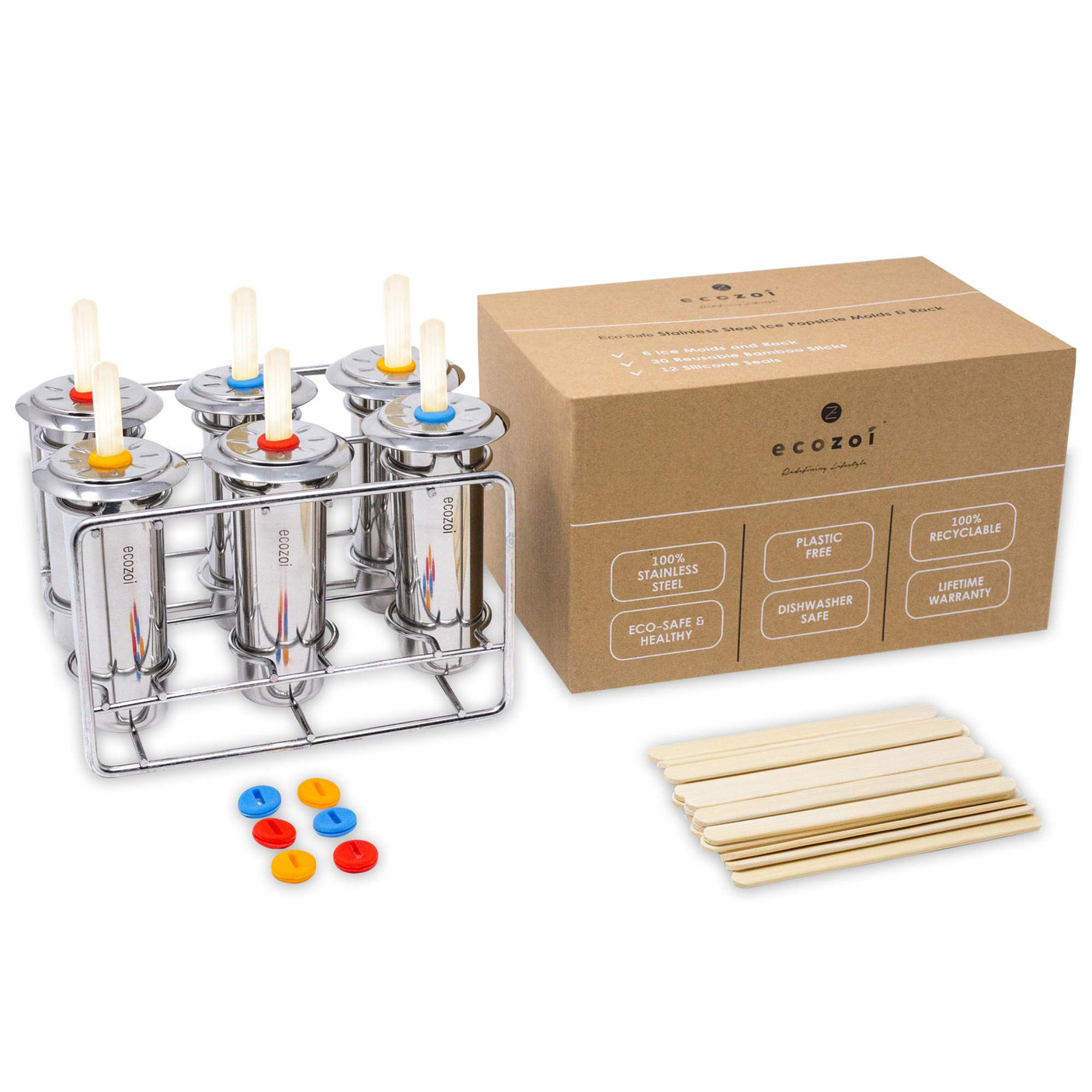 Stainless Steel Popsicle Molds and Rack - 10 Square Ice Pop Makers + 50 Reusable Bamboo Sticks + 20 Silicone Seals + 1 Cleaning Brush + 1 Rack