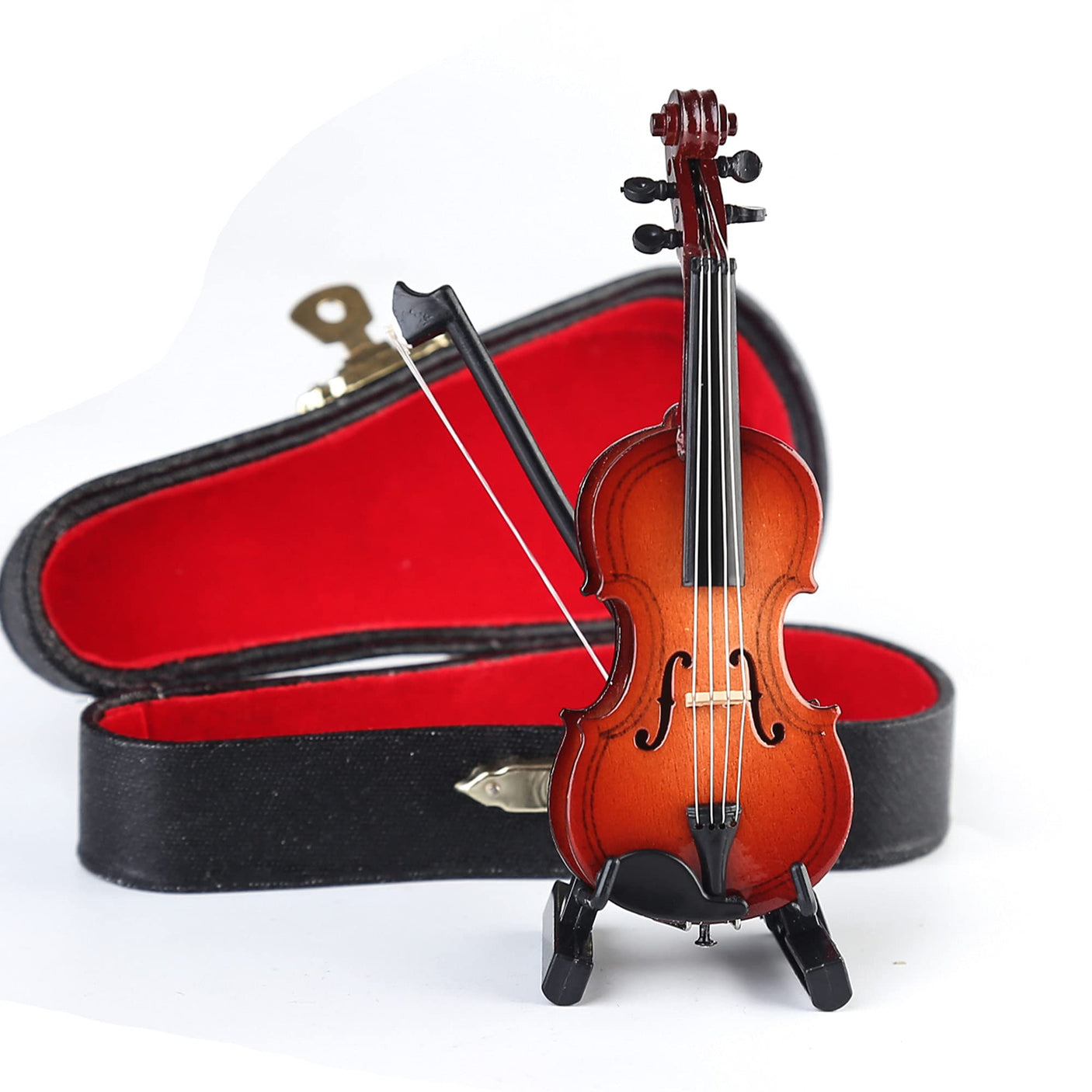 Wooden Miniature Violin with Stand, Bow and Case Mini Musical Instrument Violin Replica Collectible Figurines Dollhouse Accessories Model Home Decoration Display Ornament (3.15"x1.18"x0.59")