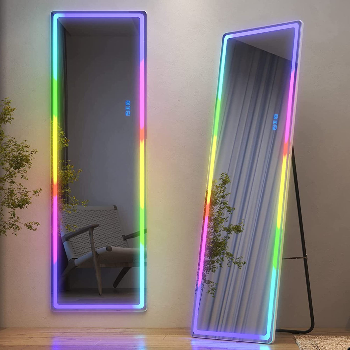 LVSOMT LED RGB Full Length Mirror, Full Body Mirror with Lights, Wall Mounted Lighted Mirror, Over The Door Hanging Mirror, 14 LED Light + Dimmable Brightness + Adjustable Speed, 47" x 16"