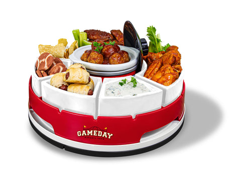 Nostalgia Taco Tuesday Heated Lazy Susan Taco Bar Serving Set for a Party with 4 Tortilla Holders, Fondue Pot for Burritos, Nachos, and Fajitas - 20 Oz. - Red