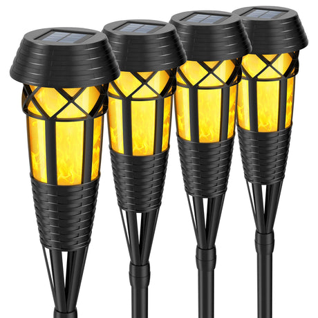 Flickering Flames Solar Powered Lights - Upgraded Solar Torches Waterproof Outdoor Decorative Lighting Auto On/Off, Handmade Bamboo Finish, 2-Pack