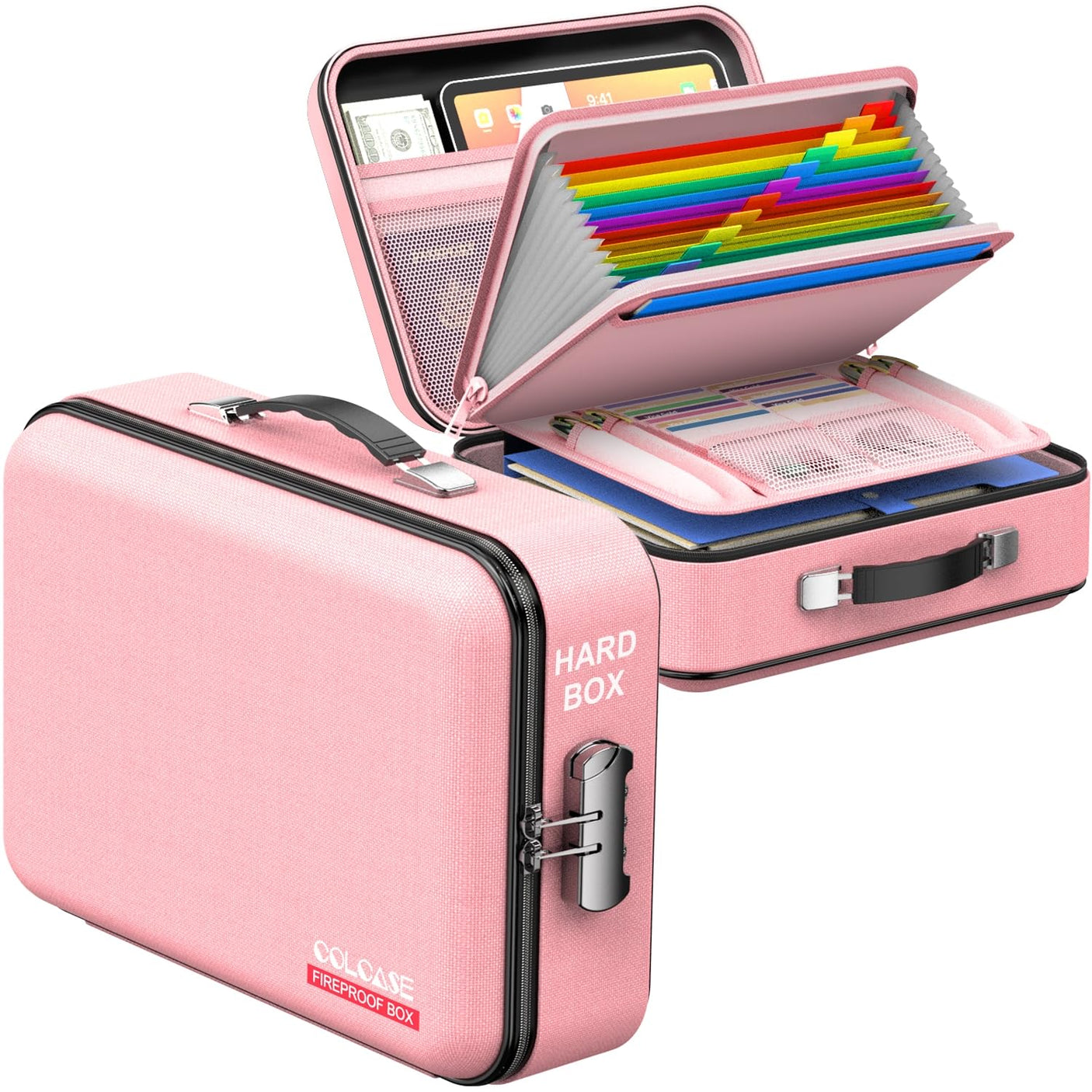 Fireproof Document Box, Hard Case Fireproof File Organizer with Lock Hard-Shell Design Fireproof Water Resistant Safe Box for Important Documents Certificates Laptop Passports Black