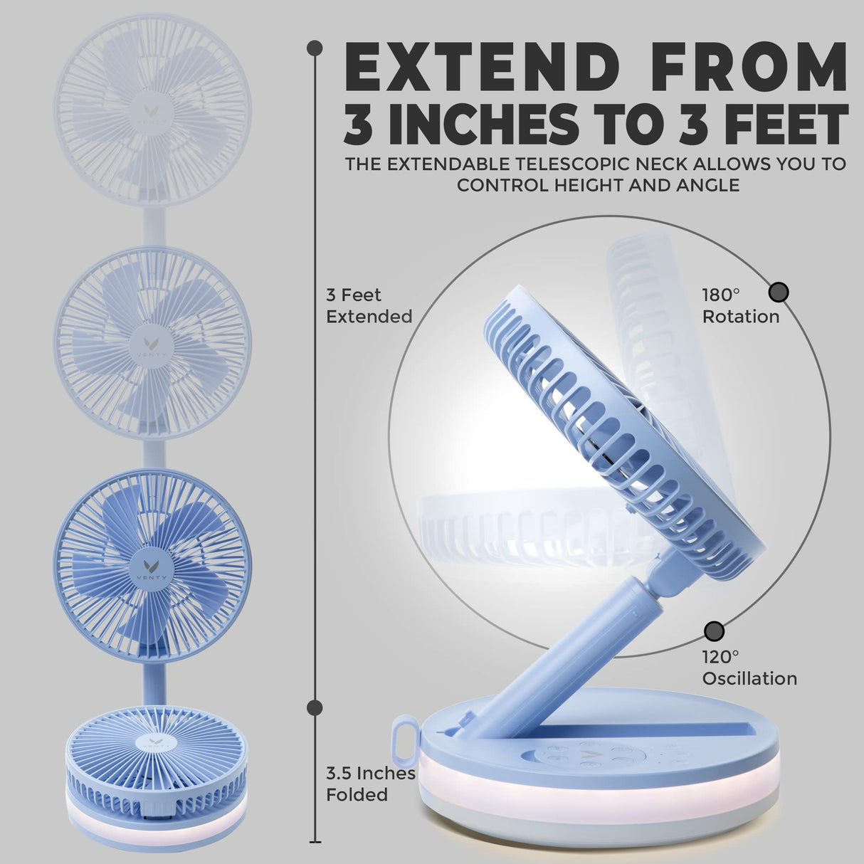 VENTY Original Portable Fan - Wireless Battery Operated Fan With 4 Speeds, LED Lighting, Carry Case & Remote Control - Premium Travel Rechargeable Fan & Power Bank With USB & USB-C Ports (Black)
