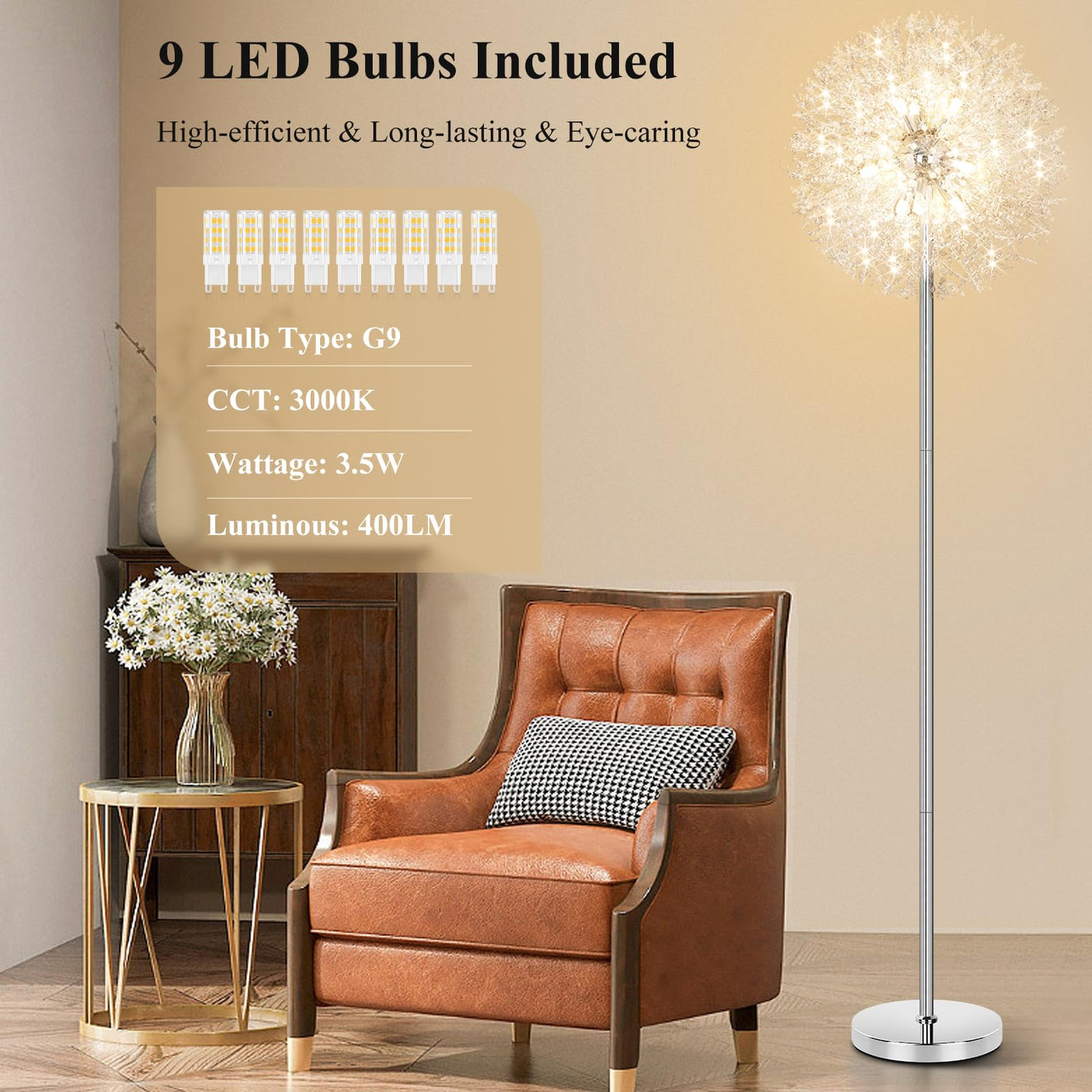 BesLowe 69'' Crystal Floor Lamp for Living Room, Modern Standing Lamp with 738PCS K9 Crystals, Tall Lamp Pole Light for Bedroom Office, Mid Century Gold Floor Lighting with 9 LED Bulbs, Antique Brass
