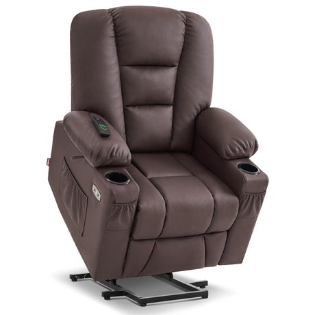 MCombo Power Lift Recliner Chair for Elderly, Lift Chair with Heat and Massage, USB Ports, Cup Holders, Faux Leather 7519 (Medium, Dark Brown)