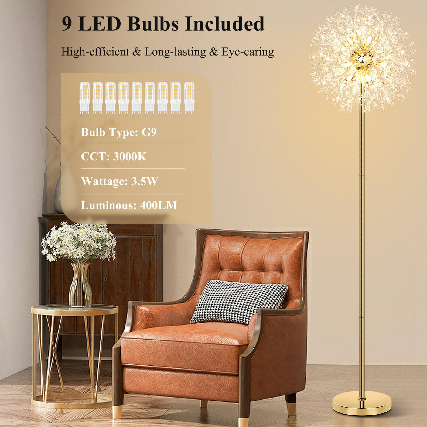 BesLowe 69'' Crystal Floor Lamp for Living Room, Modern Standing Lamp with 738PCS K9 Crystals, Tall Lamp Pole Light for Bedroom Office, Mid Century Gold Floor Lighting with 9 LED Bulbs, Antique Brass