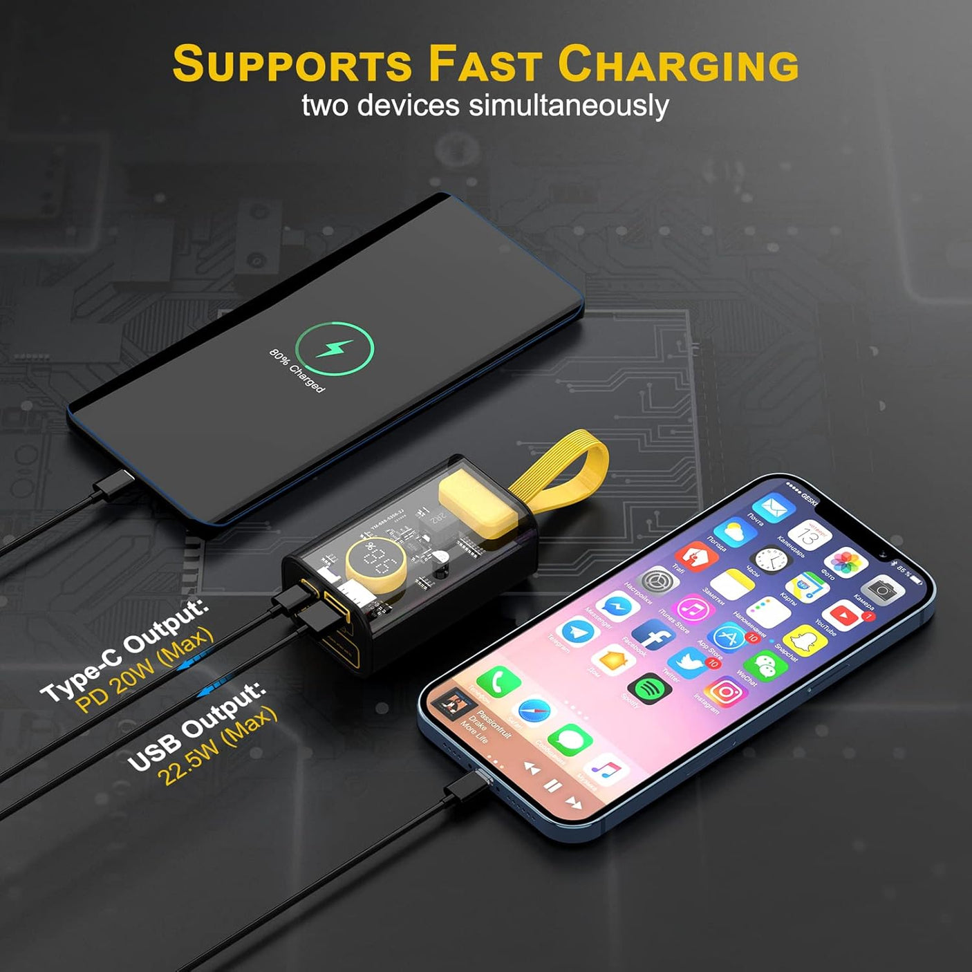 Portable Charger 10000mAh,22.5W Fast Charging Small Power Bank,Transparent External Battery Pack,Input/Output External USB C Portable Phone Charger for iPhone iPad Samsung LG Android Cellphone (Black)