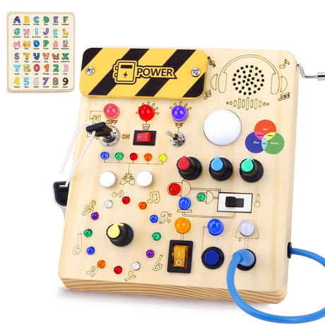 Busy Board, Montessori Toy for 1-3 Years Old, Wooden Toddler Sensory Travel Toy, Ideal Gift for 1+ Year Old Boys (Busy Board Plus V2), Medium, Yellow
