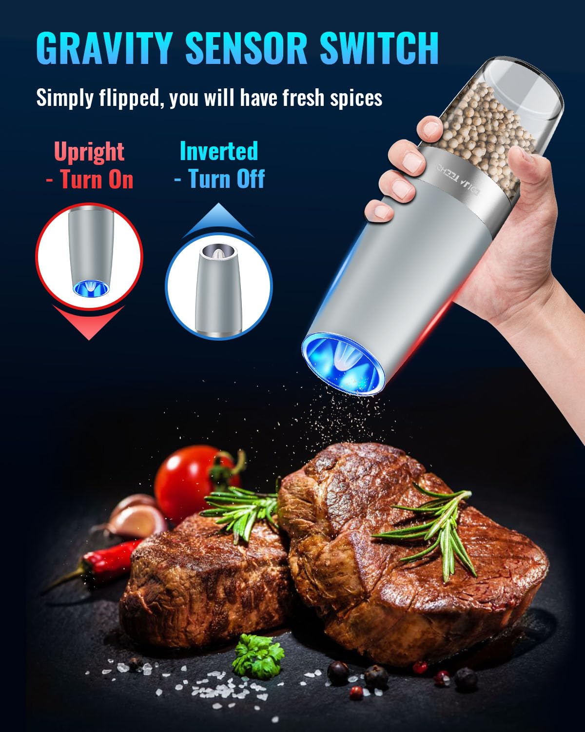 Gravity Electric Pepper and Salt Grinder Set, Salt and Pepper Mill & Adjustable Coarseness, Battery Powered with LED Light, One Hand Automatic Operation, Stainless Steel (Set/Silver)