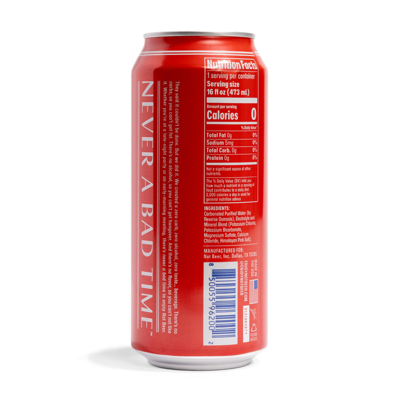 Not Beer American Sparkling Water, Original, 99.9% Pure, Mineral & Electrolyte Blend, Unflavored Carbonated Water, Made in America, Plain Sparkling Water, 16 Oz Tallboy Cans, 8 Pack