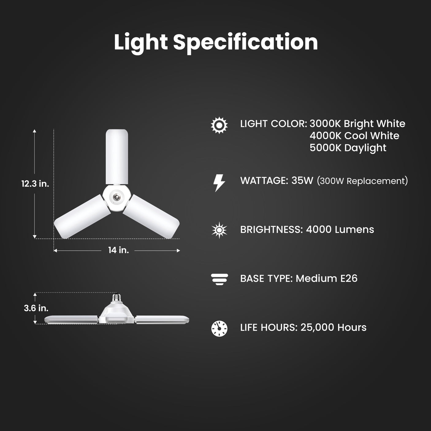 Feit Electric Smart LED Garage Light, RGBW 3 Panel, WiFi 2.4GHz, Screw-in LED Shop Light Bulb, Works with Alexa and Google Home Assistant, E26, 4000 Lumens, Garage Ceiling Light, ADJ4000/RGBW/LED/AG