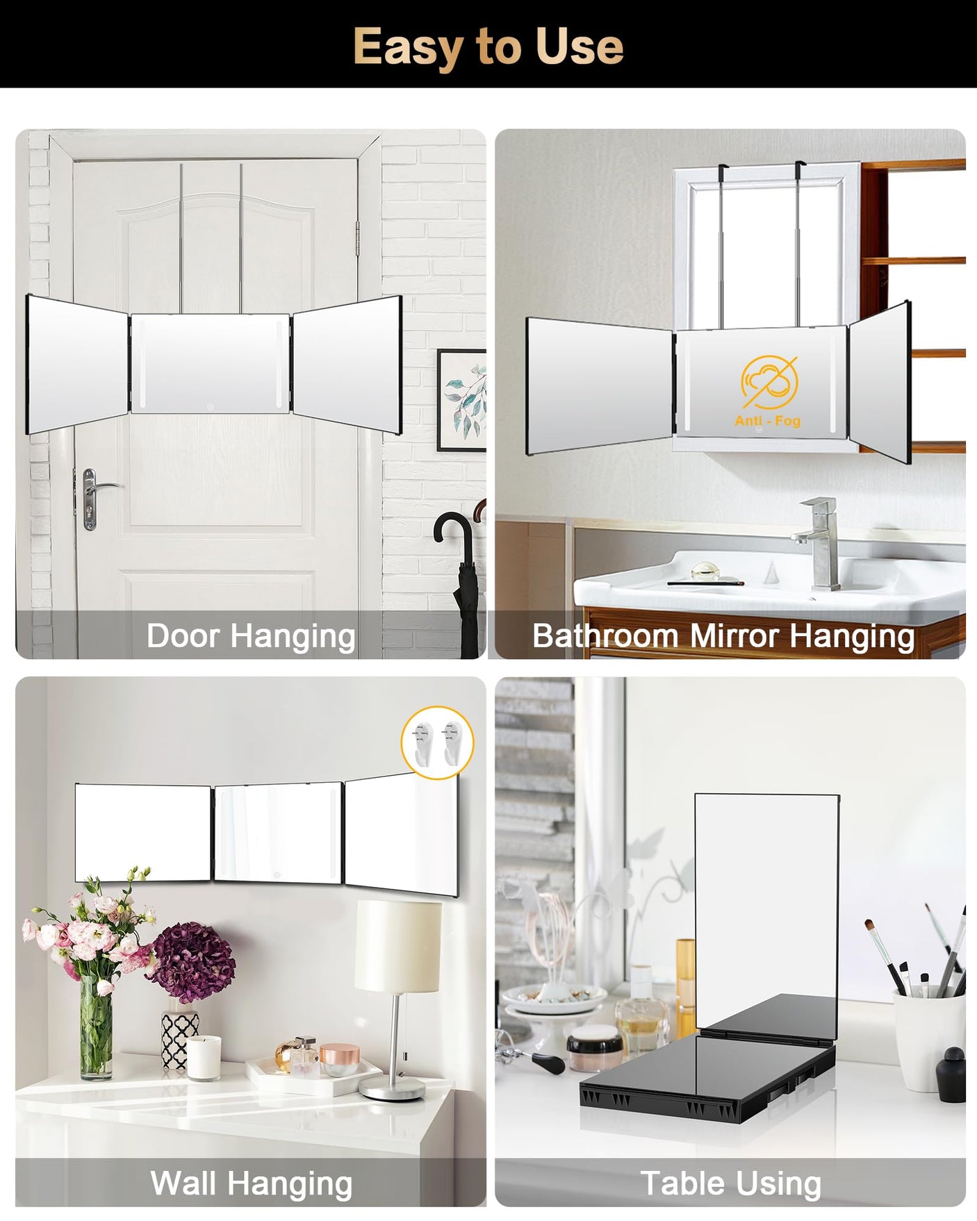JUSRON 360 Viewing Angle Self Hair Cutting Mirror, Clear Anti-Fog HD Glass (Black Without LED Without Accessories)