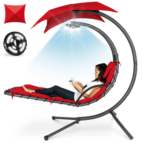 Best Choice Products Outdoor Hanging Curved Steel Chaise Lounge Chair Swing w/Built-in Pillow and Removable Canopy -Red