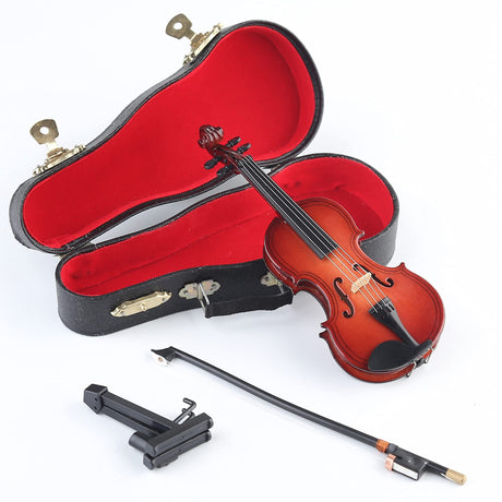 Wooden Miniature Violin with Stand, Bow and Case Mini Musical Instrument Violin Replica Collectible Figurines Dollhouse Accessories Model Home Decoration Display Ornament (3.15"x1.18"x0.59")