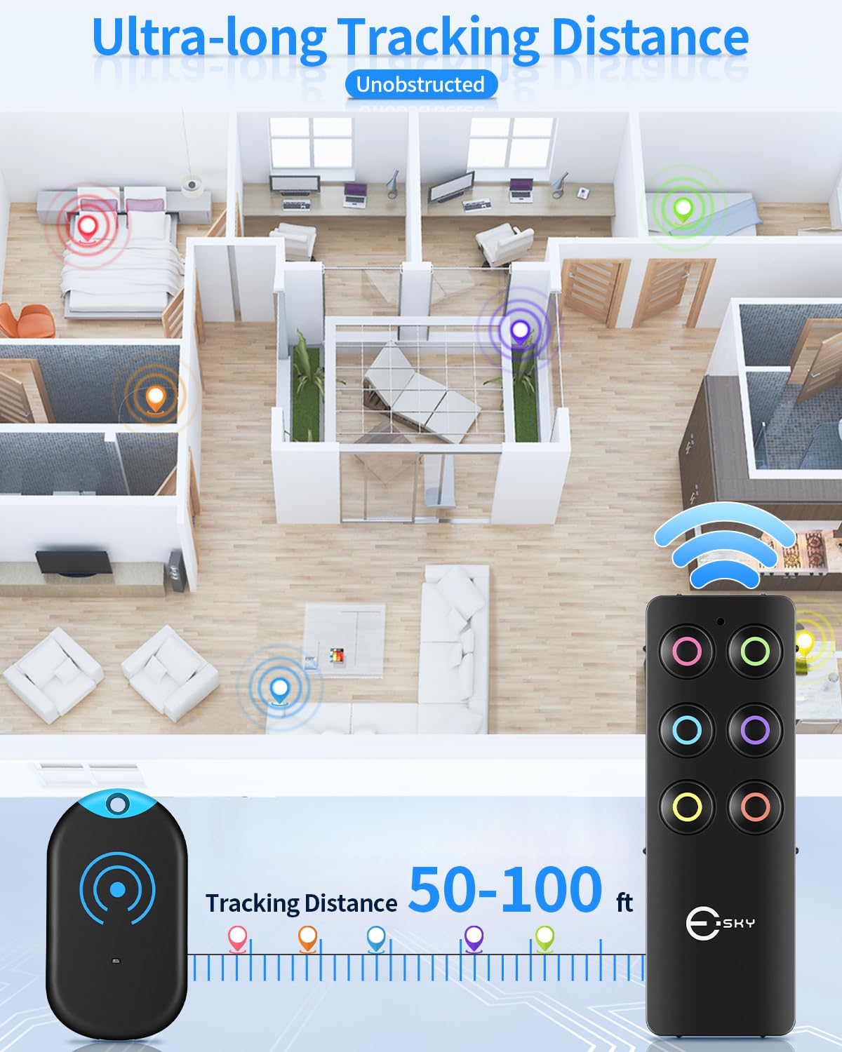 Esky Key Finder Locator with Sound, Stick-on TV Remote Control Finder, Item Locator Tags with 85dB Noise Sound 6 Receivers, Wallet Tracker Key Finders for Finding Keys, Remote Gift Idea