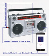 Riptunes Boombox Radio Cassette Player Recorder, AM/FM -SW1/SW2 Radio, Wireless Streaming, USB/Micro SD Slots, Aux in, Headphone Jack, Convert Cassettes to USB/SD, Classic 80s Style Retro, Black