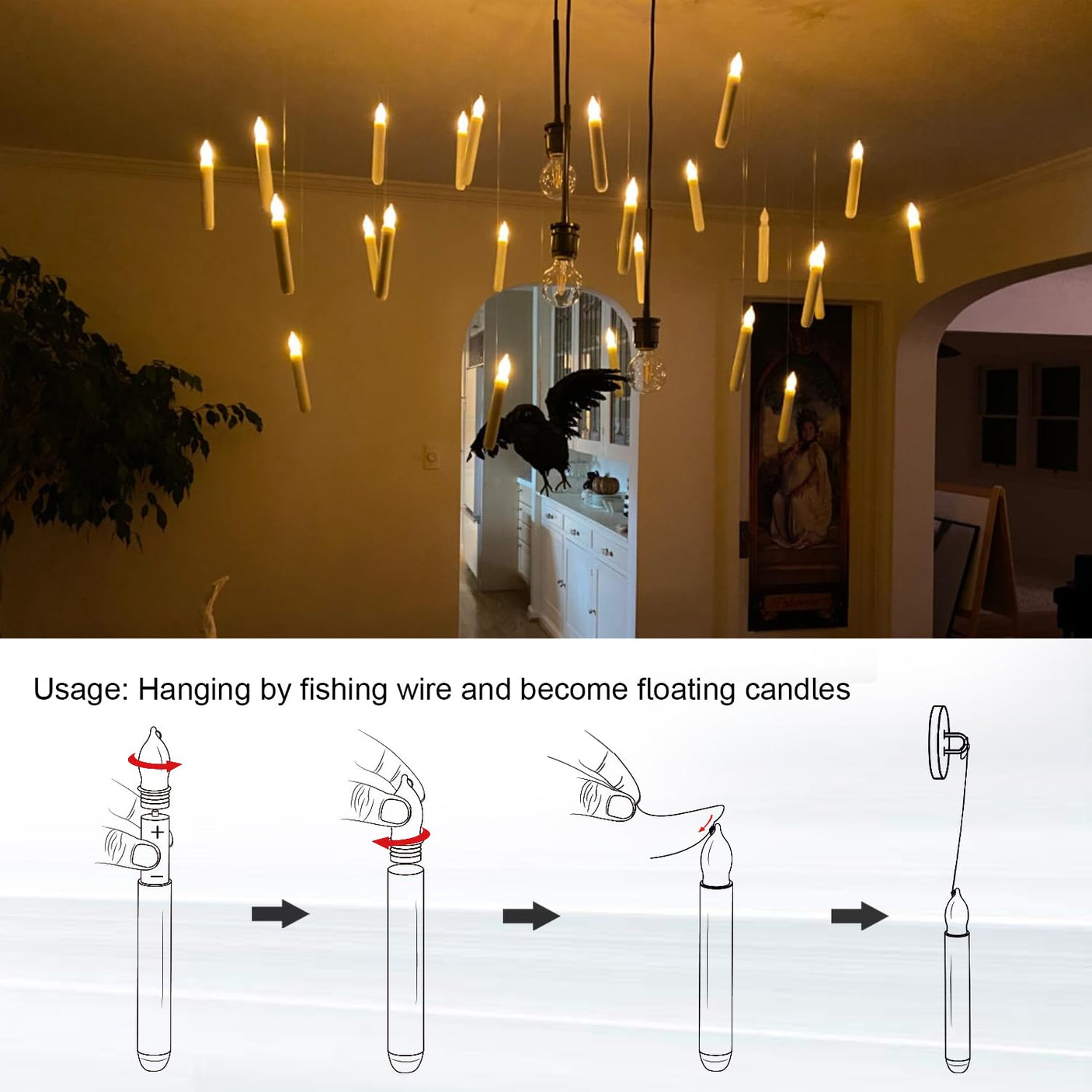 20 Pcs Floating Candles with Wand, Hanging Candles with Timer, Magic Deco Candles Flickering Warm Light, Flameless Taper Candles with Wand Remote, LED Candlesticks for Birthday Halloween Party Decor