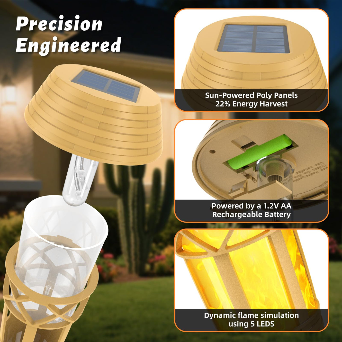 Flickering Flames Solar Powered Lights - Upgraded Solar Torches Waterproof Outdoor Decorative Lighting Auto On/Off, Handmade Bamboo Finish, 2-Pack