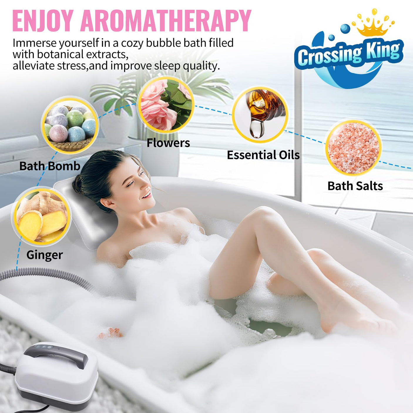 Bubble Bath Mat Tub Spa Massager, Portable Spa Bubble Bath Massager with Upgraded Powerful Suction Cup, Electric Air Pump, Pillow and Remote Control for Relaxation 45 * 17in (Grey)