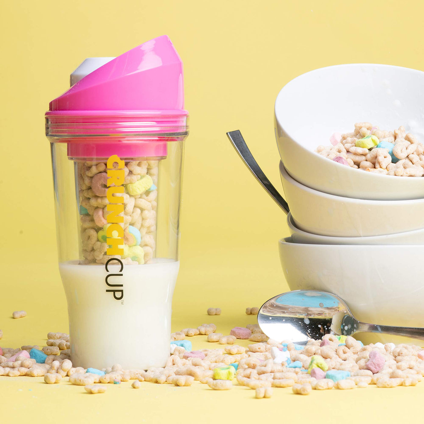 CRUNCHCUP XL Yellow - Portable Plastic Cereal Cups for Breakfast On the Go, To Go Cereal and Milk Container for your favorite Breakfast Cereals, No Spoon or Bowl Required