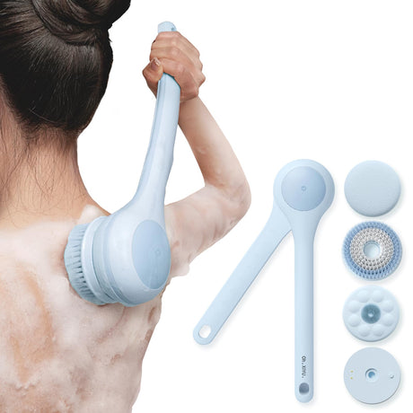 Electric Body Brush Back Scrubber for Shower, Waterproof Long Dual Handle Power Body Scrubber with 3 Heads, Rechargeable Bath Brush & 2 Speeds, for Cleansing, Exfoliating and Massaging Skin