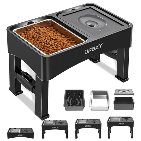 UPSKY 2-in-1 Elevated Dog Bowls Slow Feeder, 4 Height Adjustable Raised Bowls Stand, No Spill Dog Water Bowls, Anti-Slip Food and Water Bowl for Small Medium Dogs(Not Include Stainless Steel Bowl)