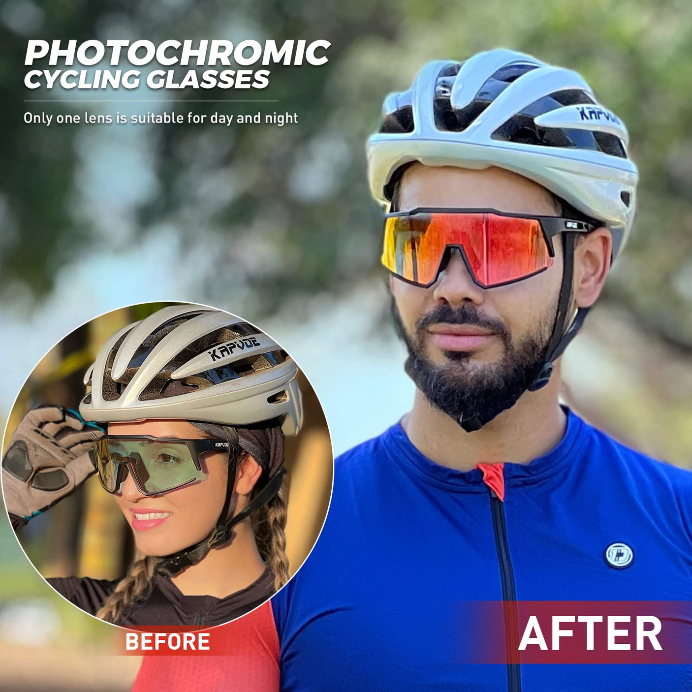 KAPVOE Photochromic Cycling Glasses MTB Clear Mountain Bike Transition Bicycle Sunglasses for Men Women - K9022