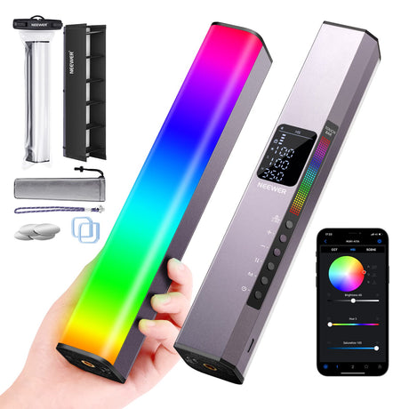 NEEWER RGB LED Video Light Stick, Touch Bar & APP Control, Magnetic Handheld Photography Lighting Wand, Dimmable 3200K~5600K CRI98+ Full Color LED Light with 6400mAh Battery, 17 Scenes, RGB1