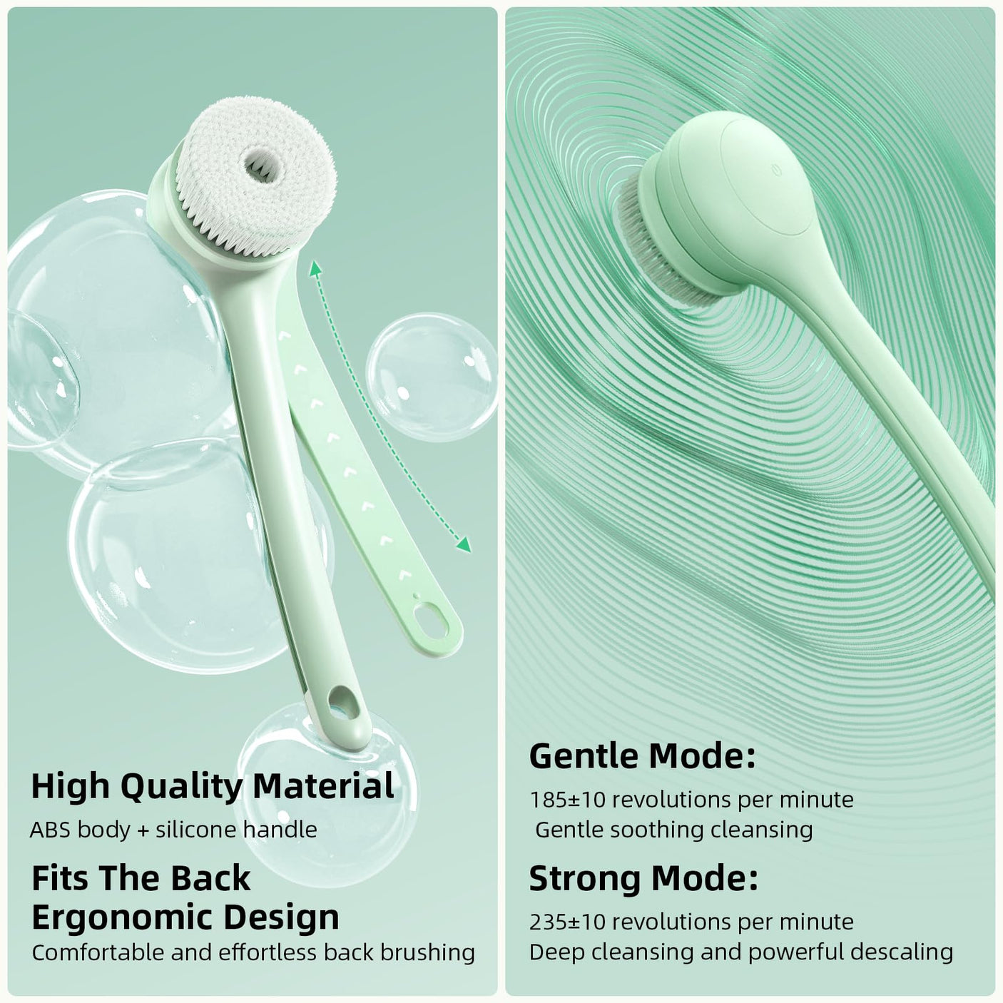 Electric Body Brush Back Scrubber for Shower, Waterproof Long Dual Handle Power Body Scrubber with 3 Heads, Rechargeable Bath Brush & 2 Speeds, for Cleansing, Exfoliating and Massaging Skin