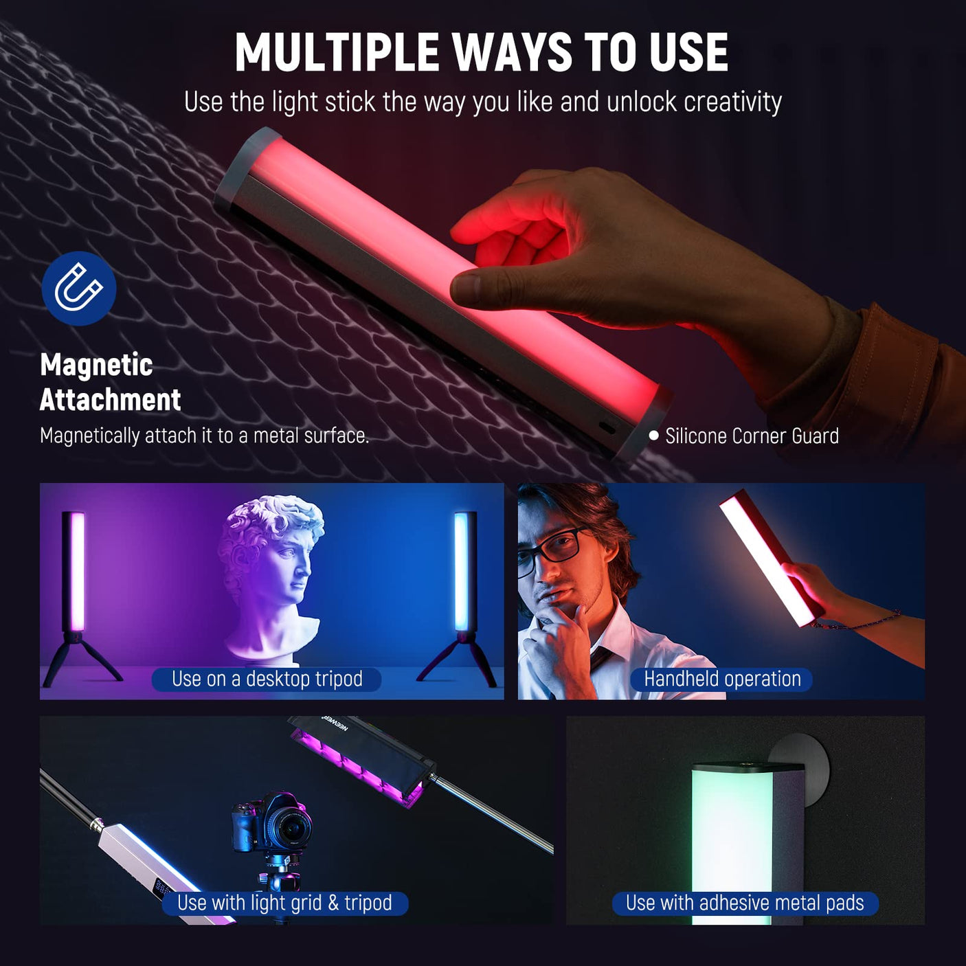 NEEWER RGB LED Video Light Stick, Touch Bar & APP Control, Magnetic Handheld Photography Lighting Wand, Dimmable 3200K~5600K CRI98+ Full Color LED Light with 6400mAh Battery, 17 Scenes, RGB1